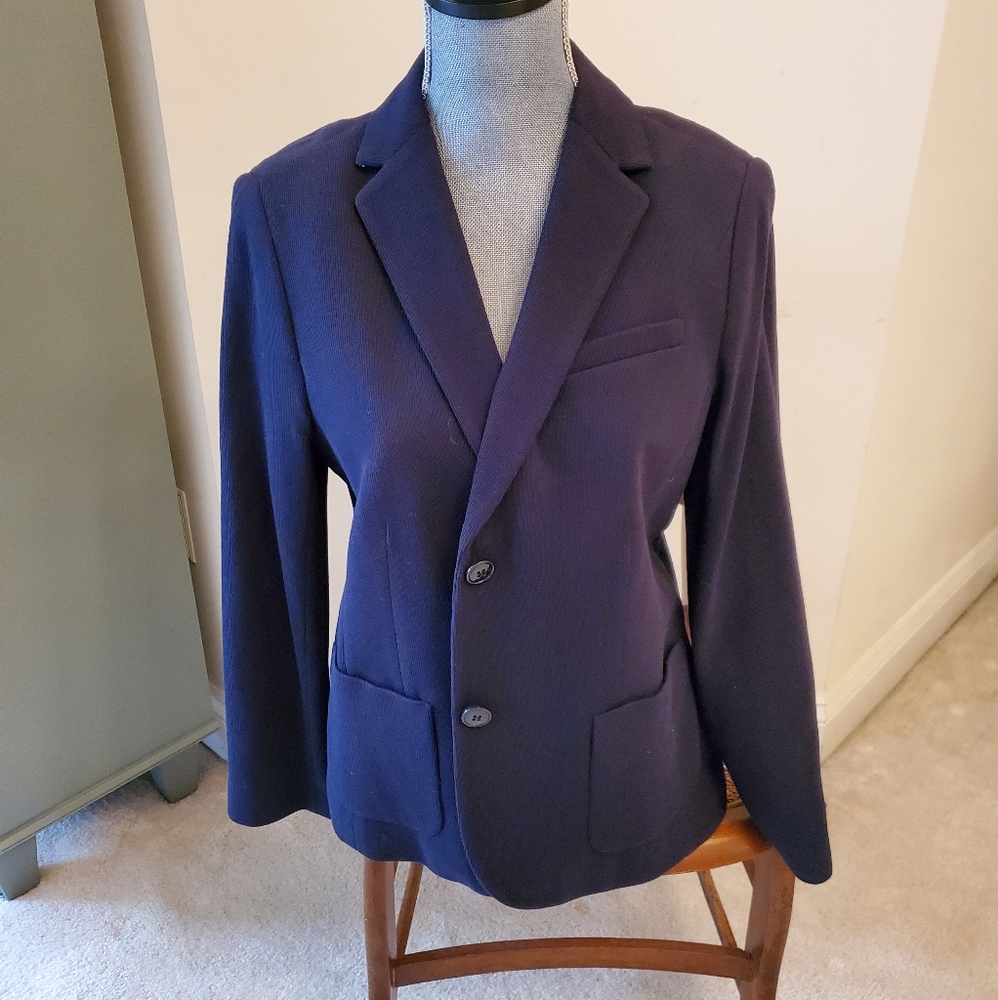 Talbots Button Front Cotton Knit Navy Blue Blazer Size 10